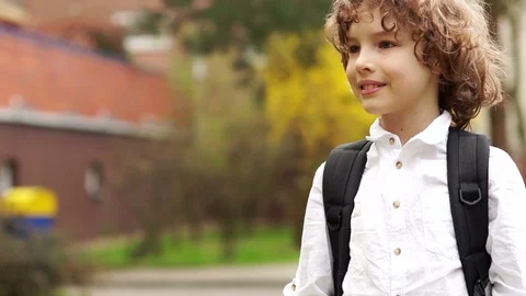 Portrait of a young genius. A schoolboy with a knapsack behind her, looks Stock Footage 89801375