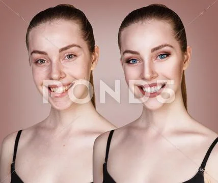 Portrait Of Young Girl With And Without Makeup