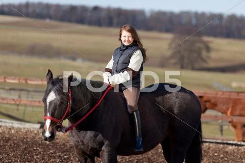 Portrait of a young girl riding her dark bay horse Stock Photos