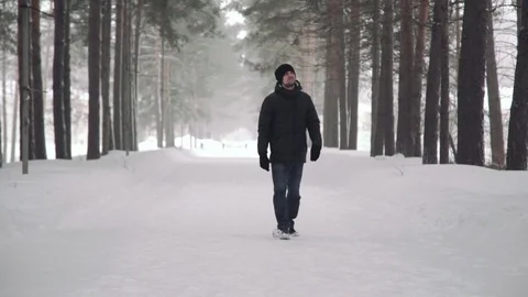 Portrait of a young handsome man with a beard. A bearded man in the winter woods Stock Footage 72735224