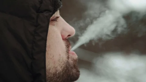 Portrait of a young handsome man with a beard Smokes cigarettes. A bearded man Stock Footage 73635952