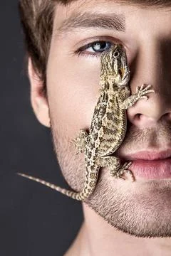  Portrait of a Young Handsome Man with Lizard on His Face Portrait of a Yo... Stock Photos