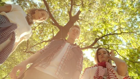 Portrait of young happy backpackers on hike on summer holidays Stock Footage 96237984