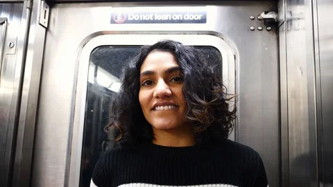 Portrait of young happy multi-ethnic hispanic girl. hipster millennial girl NYC Stock Footage 122532151