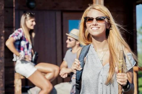Portrait of young hiker preparing excursion Stock Photos