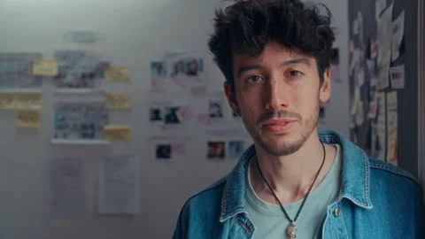 Portrait of Young Male Scriptwriter in Studio with Preproduction Moodboards 스톡 동영상 346240648