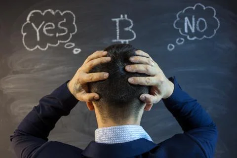 Portrait of a young man with a empty speech bubble over his head bitcoin Stock Photos