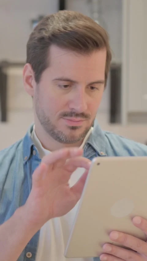 Portrait of Young Man using Tablet Computer, vertical video Stock Footage 328560717