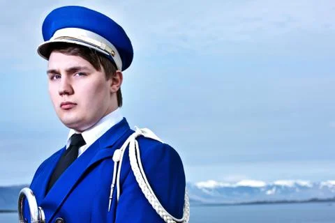 Portrait of young man wearing marching band uniform Stock Photos