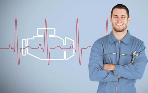 Portrait of a young mechanic next to background with engine Stock Illustration