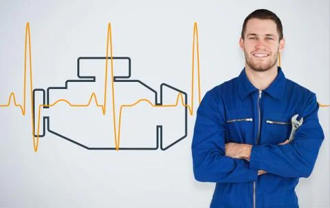 Portrait of a young mechanic next to background with car engine and heart line Stock Illustration