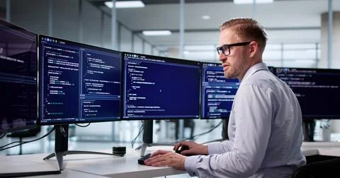 Portrait Of A Young Programmer Developing Software On His Computer Stock-Fotos
