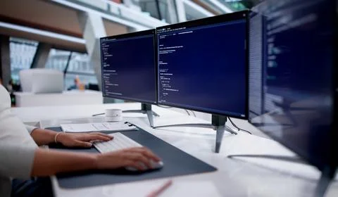 Portrait Of Young Programmer Developing Web Backend Code On Computer. Stock Photos