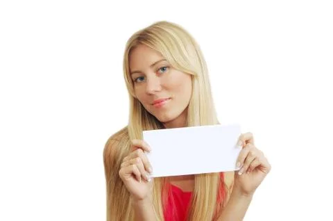 Portrait of young sexy women with beautiful blue eyes and white card Stock Photos