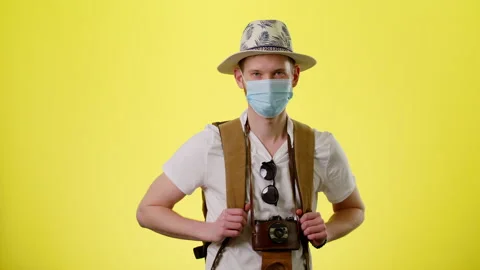 Portrait Of Young Smiling Man Look At Camera Wearing Protective Face Mask Stock Footage 170184948