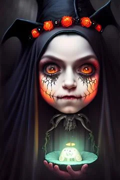 Portrait of a young witch with a pointy hat. Halloween surrounding. Stock Illustration