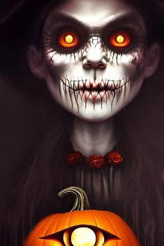 Portrait of a young witch with a pointy hat. Halloween surrounding. Stock Illustration