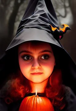 Portrait of a young witch with a pointy hat. Halloween surrounding. Stock Illustration