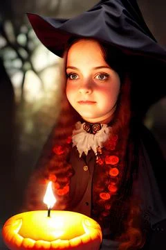 Portrait of a young witch with a pointy hat. Halloween surrounding. Stock Illustration