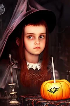 Portrait of a young witch with a pointy hat. Halloween surrounding. Stock Illustration