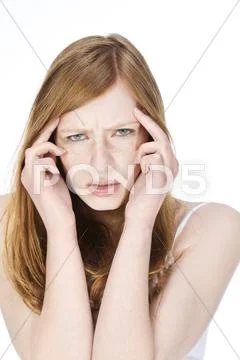 Portrait of young woman with headache, close up Stock Photos
