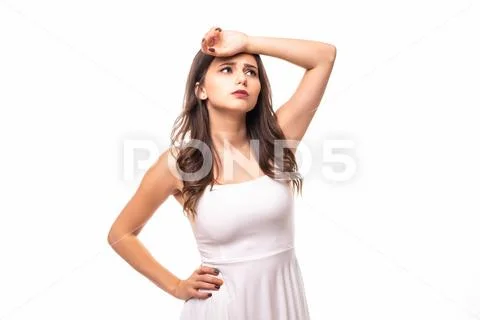 Portrait of young woman look tired isolated on white background Stock Photos