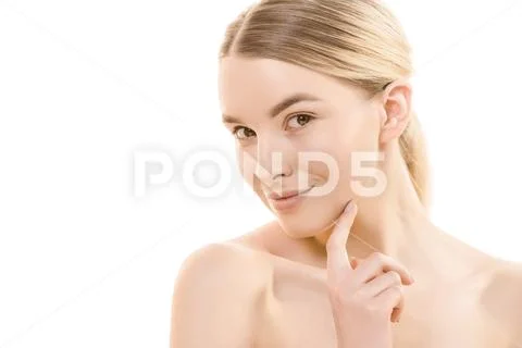 The portrait of the young woman on the white background Stock Photos