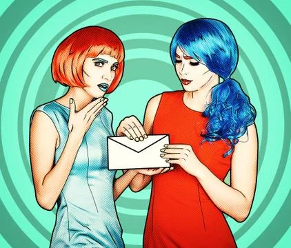 Portrait of young women in comic pop art make-up style. Females are reading l Stock Illustration
