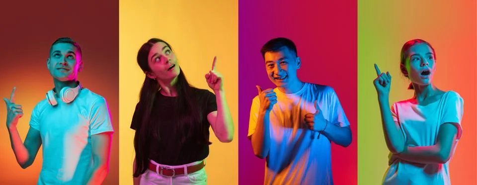 Portraits of group of people, two young girls and men on multicolored background Stock Photos