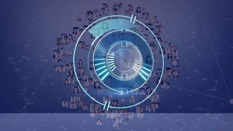 Portraits in network ring, HUD sweeping arc, highlighting candidates for Vídeo Stock 329454848