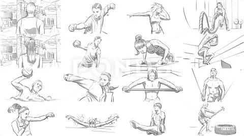 Portraits of sports people in a gym Stock Illustration