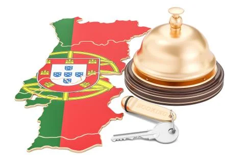 Portugal booking concept. Portuguese flag with hotel key and reception bell,  Stock Illustration