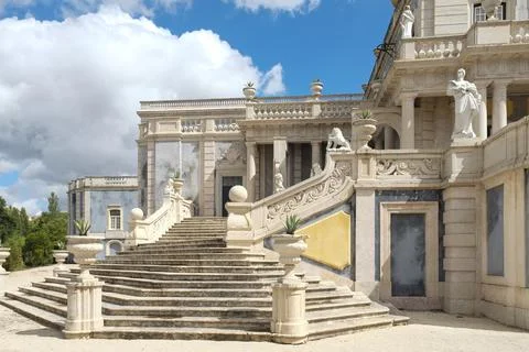 Portugal, Lisbon, Royal Palace 1700 s Exterior with statuary and grand staircase Stock Photos