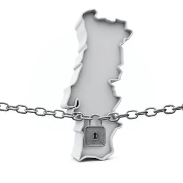 Portugal lockdown concept. Map with lock and chain. 3D Render イラスト素材