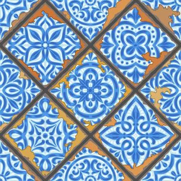 Portuguese azulejo vintage ceramic tile seamless pattern. Old grunge background Stock Illustration