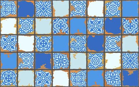 Portuguese azulejo vintage ceramic tile pattern. Old grunge background with Stock Illustration