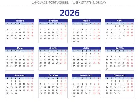 PORTUGUESE calendar for 2026 year. Printable vertical vector illustration P.. Stock Illustration