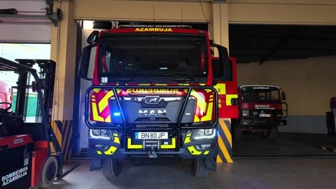 Portuguese Fire Engine with Emergency Lights at Fire Station Vídeo Stock 343322458