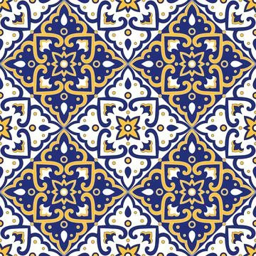 Portuguese tile pattern vector with floral ornaments Stock Illustration