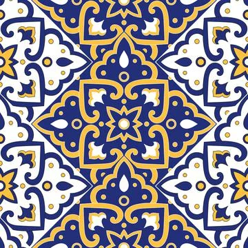 Portuguese tile pattern vector with scale blue, yellow and white mosaic ornament Stock Illustration