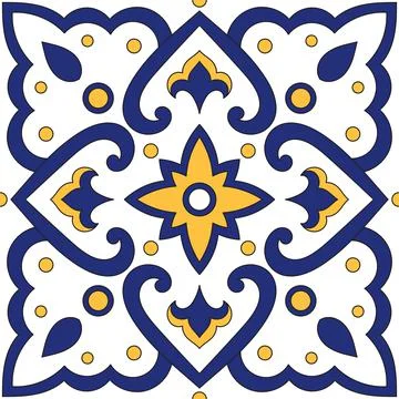 Portuguese tile pattern vector seamless element with blue and yellow ornament Stock Illustration
