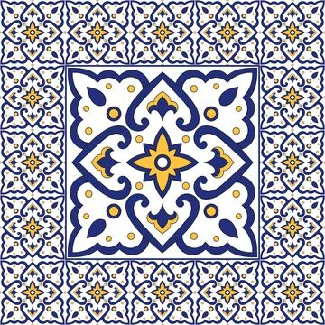 Portuguese tile pattern vector with vintage floral ornaments Stock Illustration