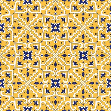 Portuguese tile pattern vector with yellow ornaments Stock Illustration