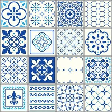 Portuguese tiles pattern, Lisbon seamless navy blue tiles Stock Illustration