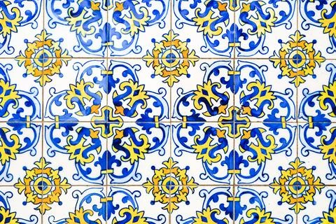 Portuguese tiles . Seamless patchwork tile with Victorian motives. Majolica.. Stock Photos
