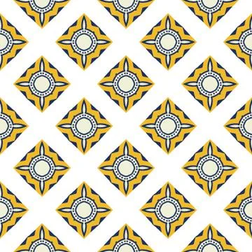 Portuguese Vector Tile Azulejo Pattern. Seamless Lisbon Blue Yellow on White Stock Illustration