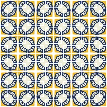 Portuguese Vector Tile Azulejo Pattern. Seamless Lisbon Blue Yellow on White Stock Illustration