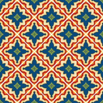 Portuguese Vector Tile Azulejo Pattern. Seamless Lisbon. Blue Red Yellow on Illustrazione stock