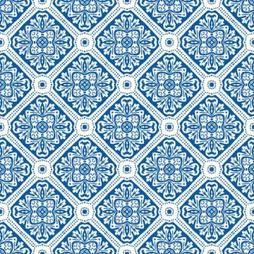 Portuguese Vector Tile Azulejo Pattern. Seamless Lisbon Blue on White Mosaic Stock Illustration