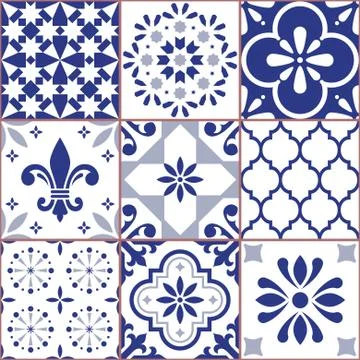 Portuguese vector tile seamless pattern, Azluejo tiles mosaic in navy blue Stock Illustration